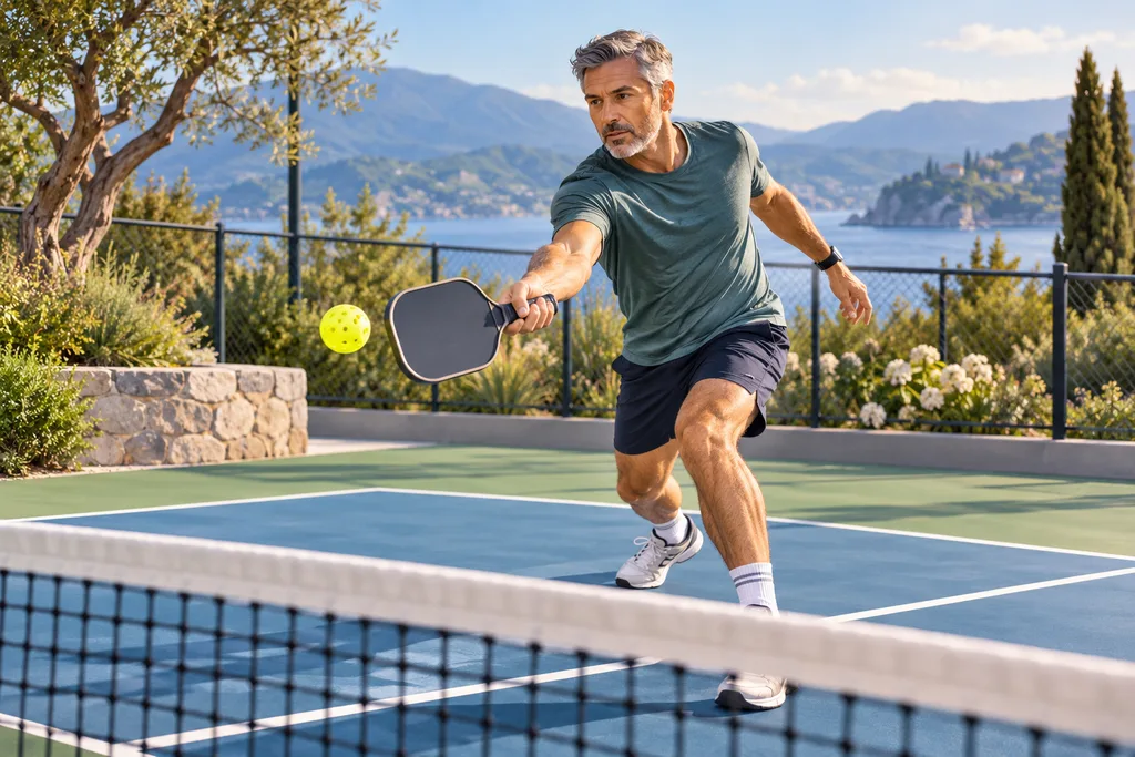 Un joueur âgé porte un bracelet connecté pendant une partie de pickleball.