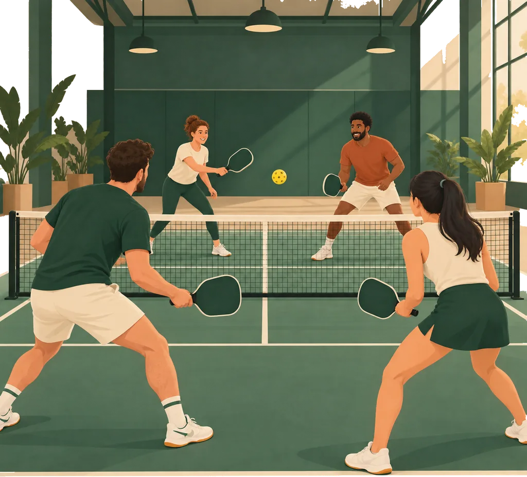 Quatre collègues en tenue décontractée jouent un double de pickleball sur un terrain intérieur, avec raquettes pleines et balle perforée.
