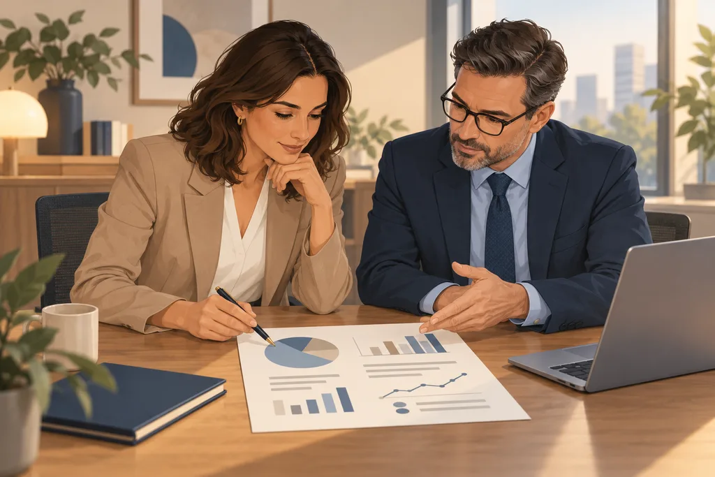 Un responsable RH examine un tableau de dépenses sportives avec un conseiller.