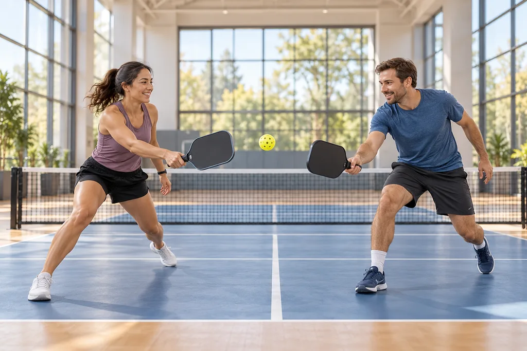 Deux collègues débutants échangent une balle perforée sur un terrain de pickleball intérieur, une raquette pleine à la main.