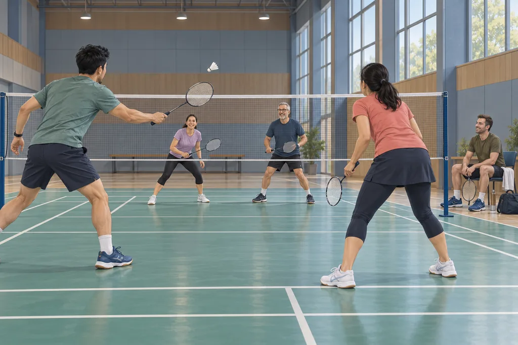 Des salariés d'âges et de morphologies variés jouent ensemble sur un même terrain de pickleball.