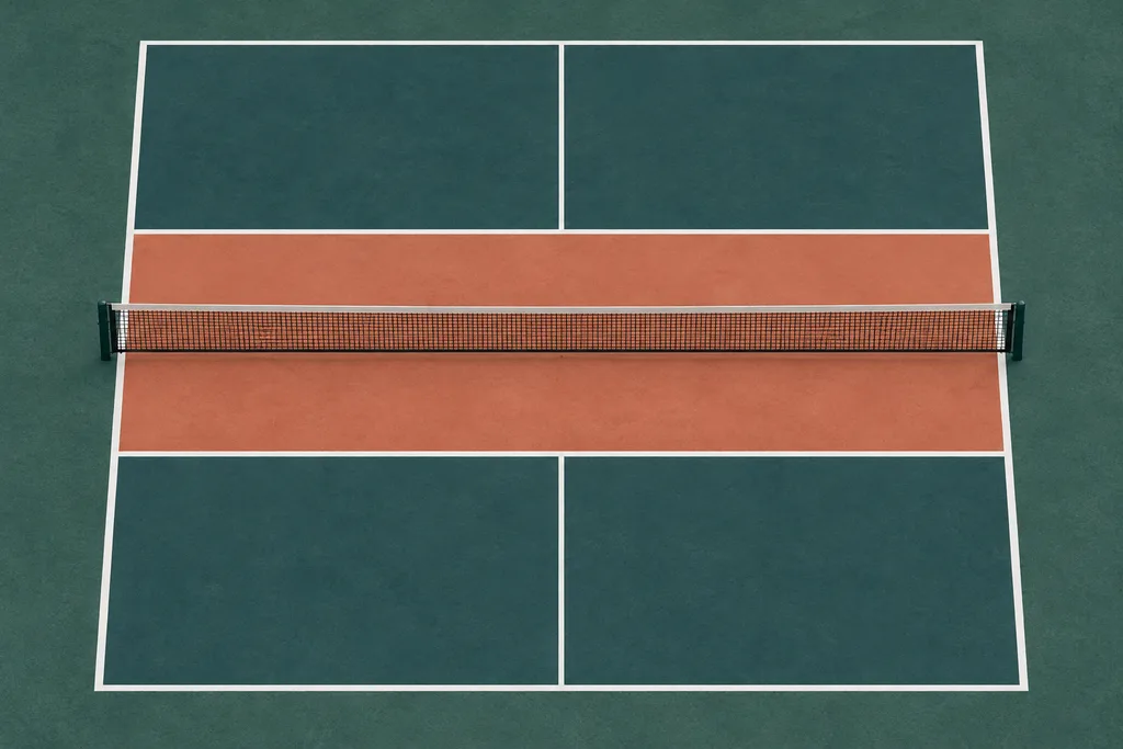 Vue de dessus d'un terrain de pickleball avec la bande proche du filet mise en évidence par une teinte différente.